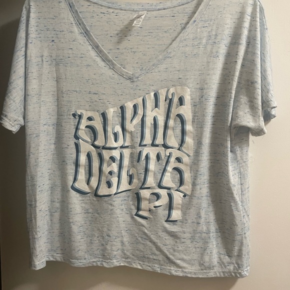 Size L Light Blue Alpha Delta Pi (ADPi) V-Neck Cropped T-Shirt - Picture 1 of 4